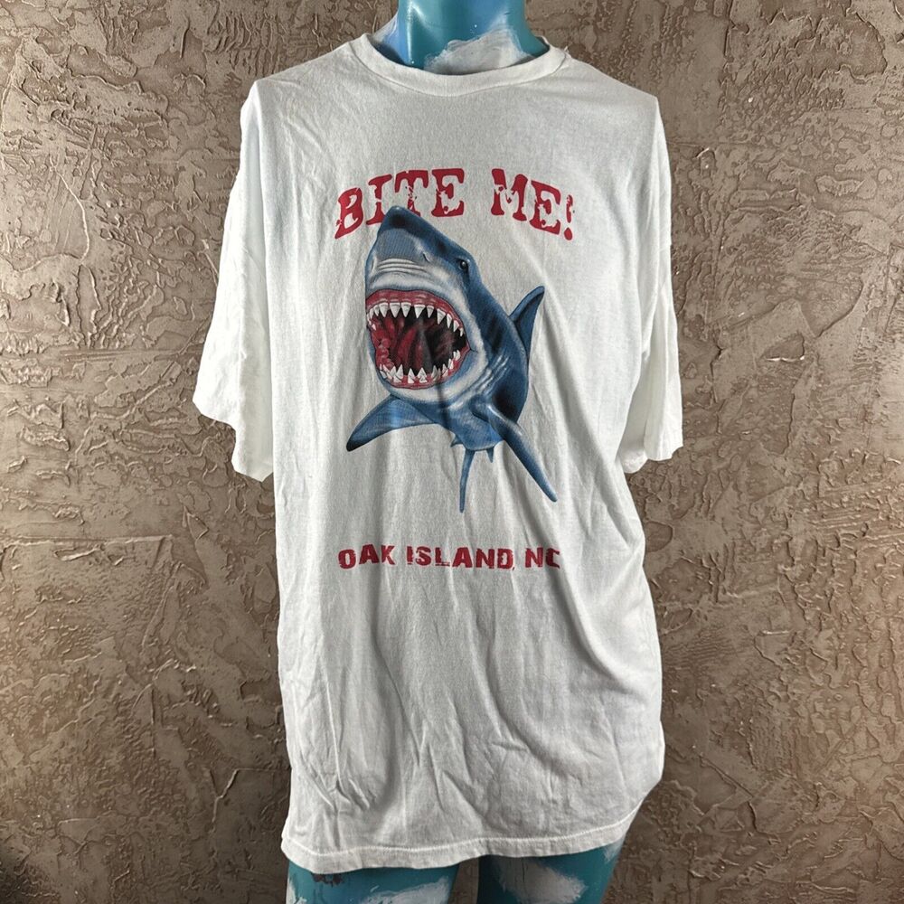 Bite Me Shark T-Shirt Delta Pro Weight Oak Island NC Graphic White 2XL